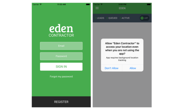 Eden for Contractors login screen and location prompt